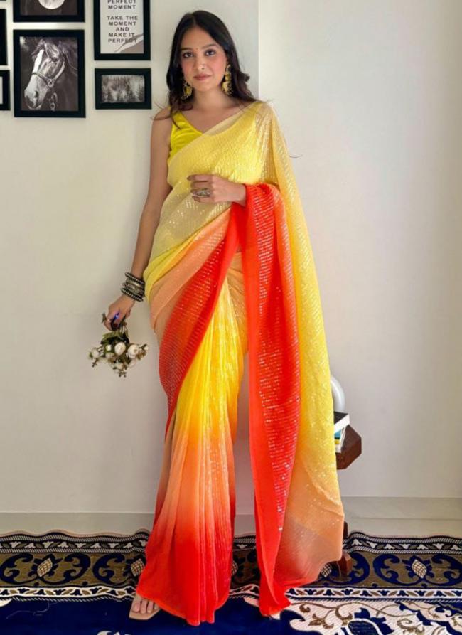 Georgette Yellow Party Wear Embroidery Work Saree